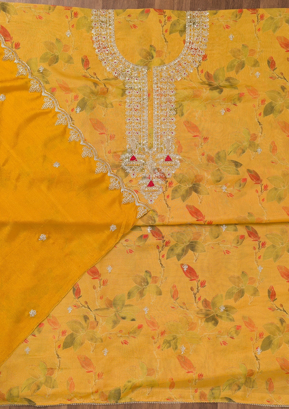 Mustard Printed Tissue Unstitched Salwar Suit-Koskii