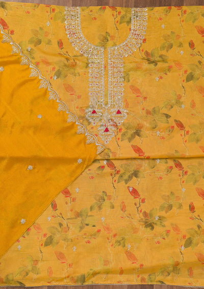 Mustard Printed Tissue Unstitched Salwar Suit-Koskii