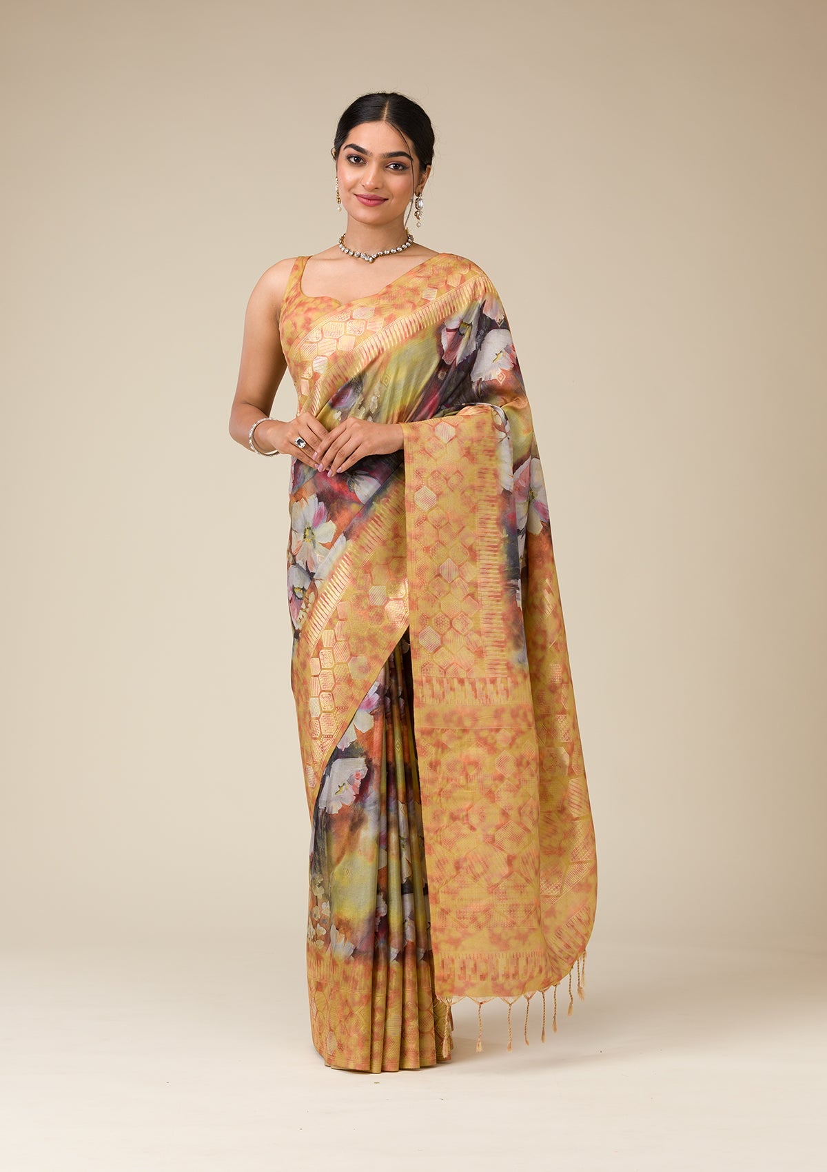 Mustard Printed Tissue Saree