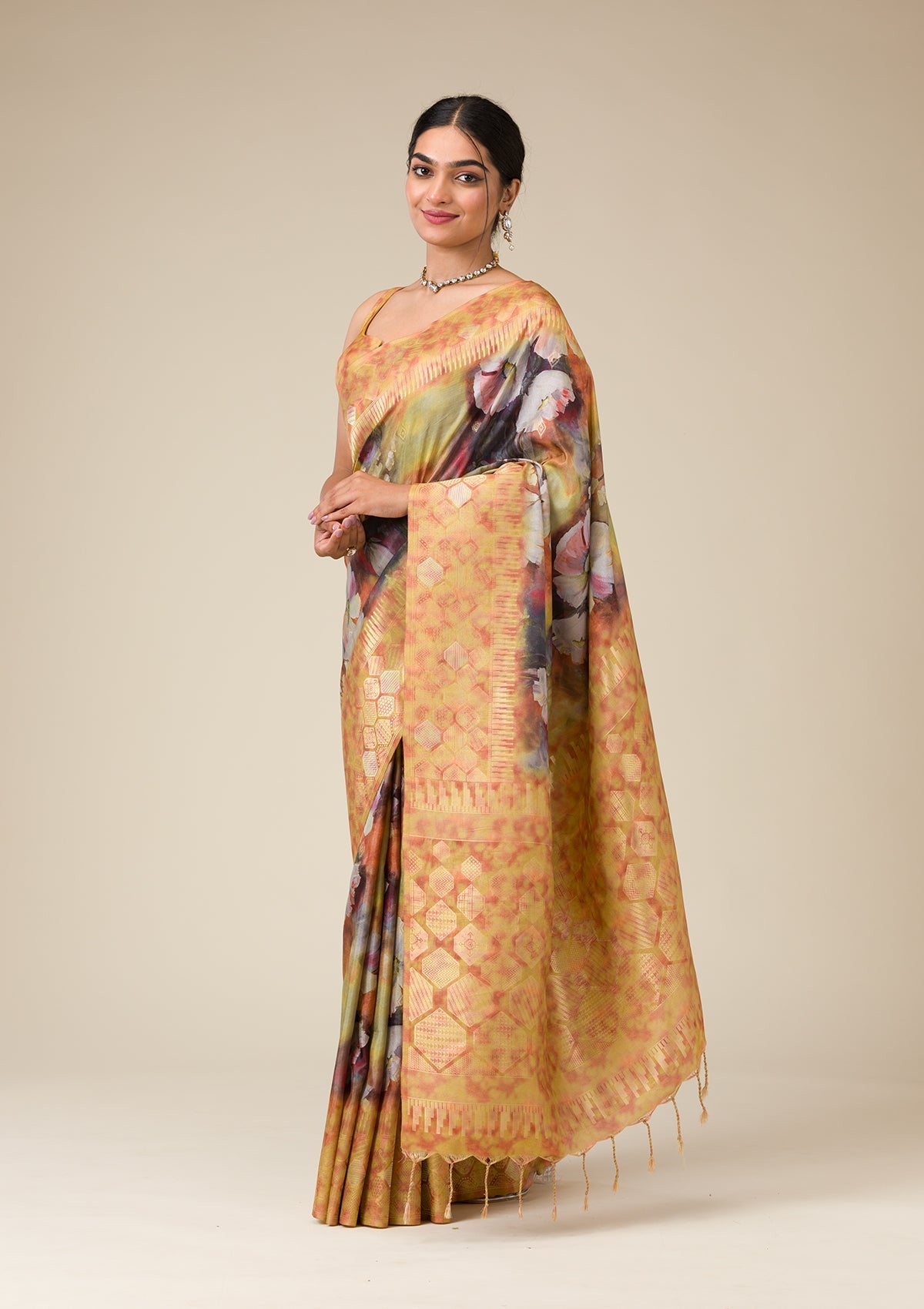 Mustard Printed Tissue Saree