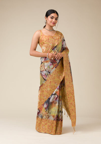 Mustard Printed Tissue Saree