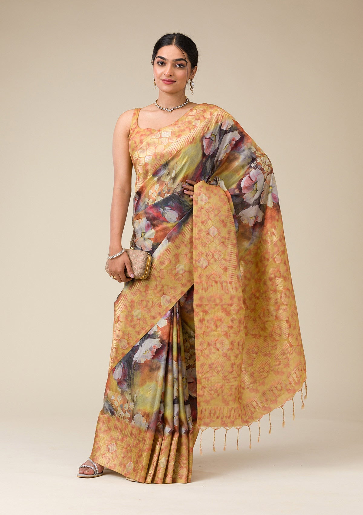 Mustard Printed Tissue Saree