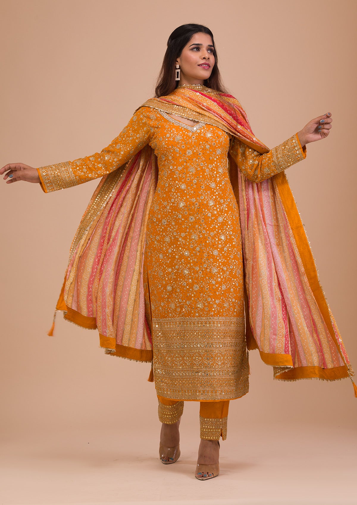 Mustard Sequins Georgette Readymade Salwar Kameez-Koskii