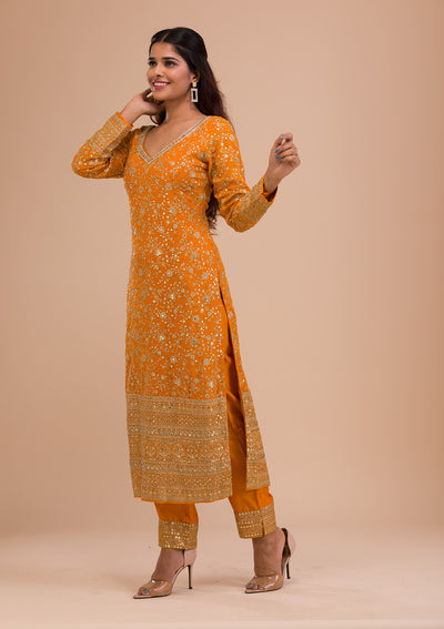 Mustard Sequins Georgette Readymade Salwar Kameez-Koskii