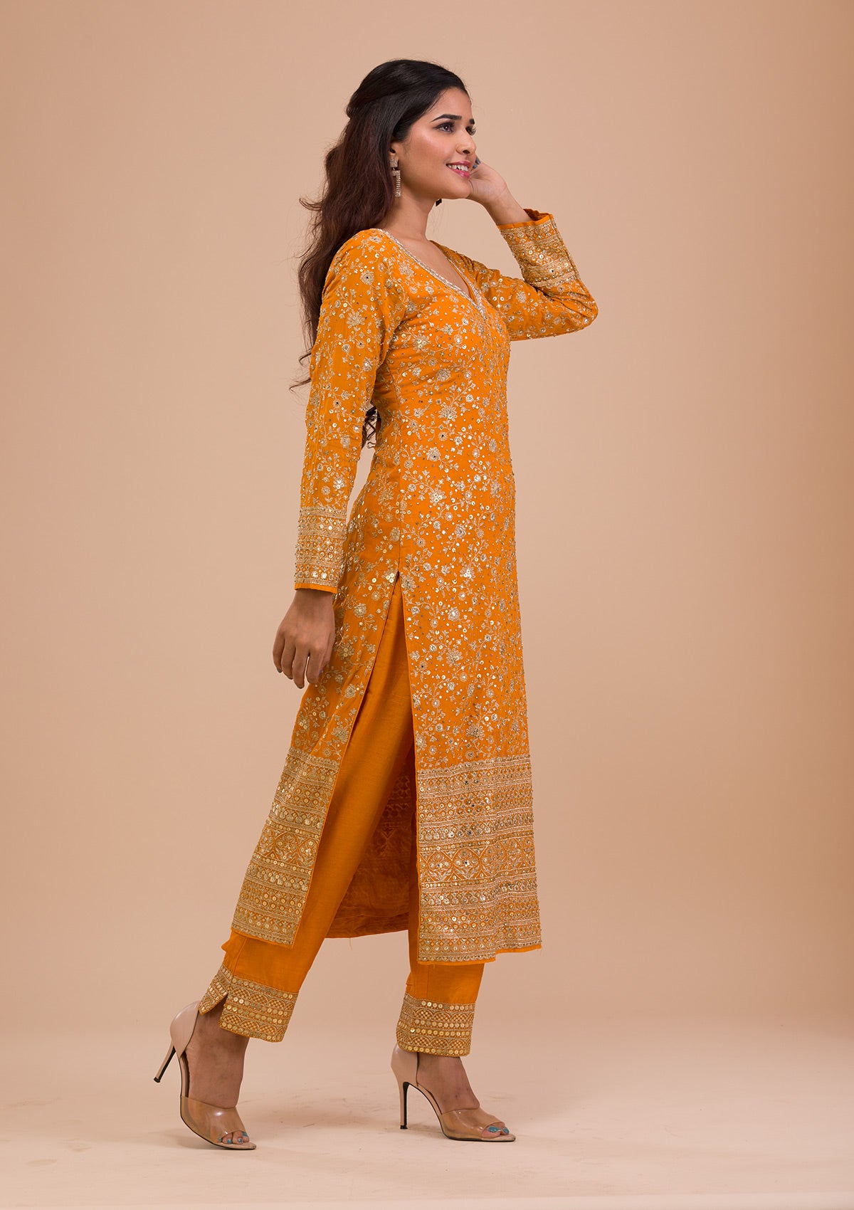 Mustard Sequins Georgette Readymade Salwar Kameez-Koskii