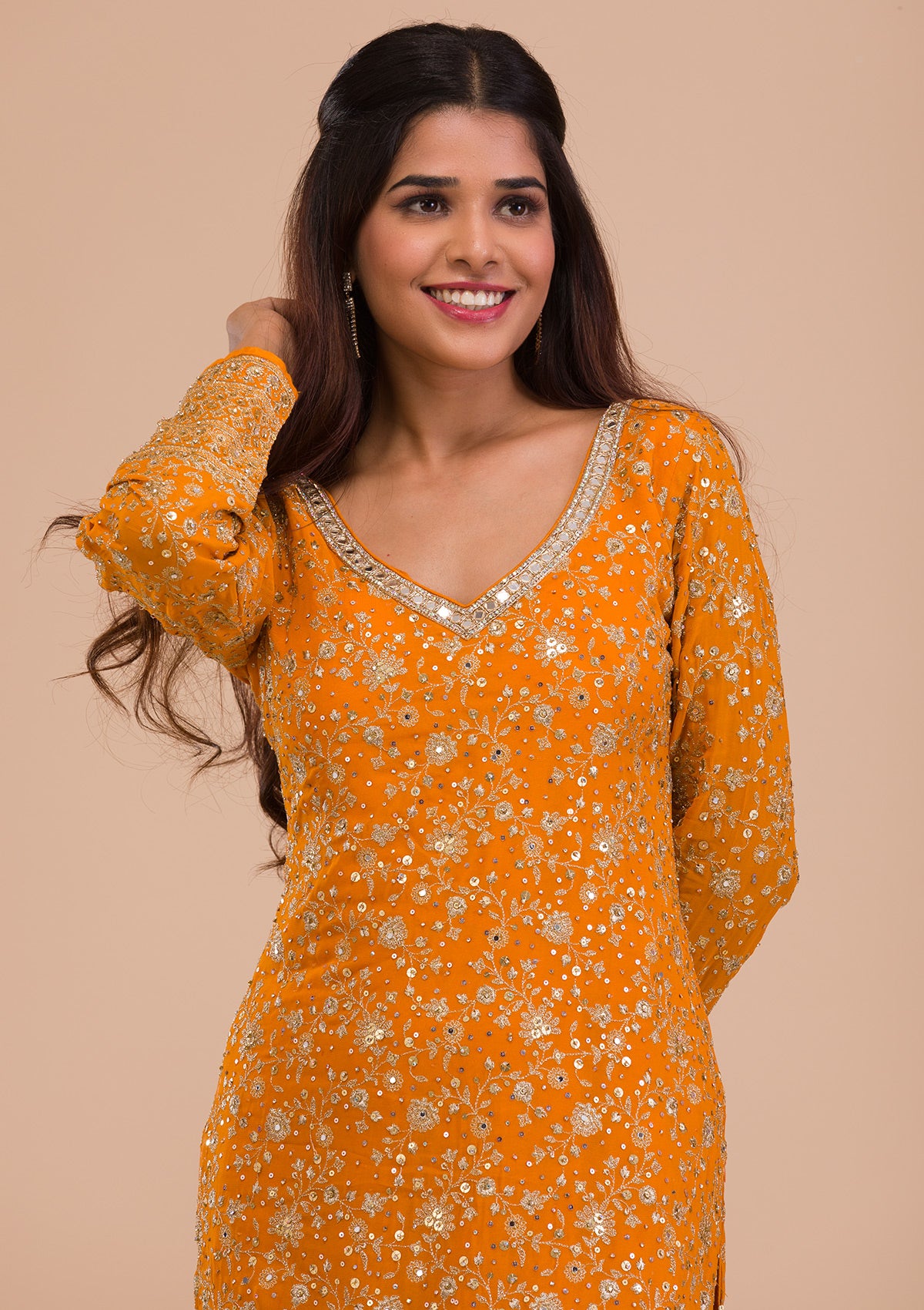 Mustard Sequins Georgette Readymade Salwar Kameez-Koskii