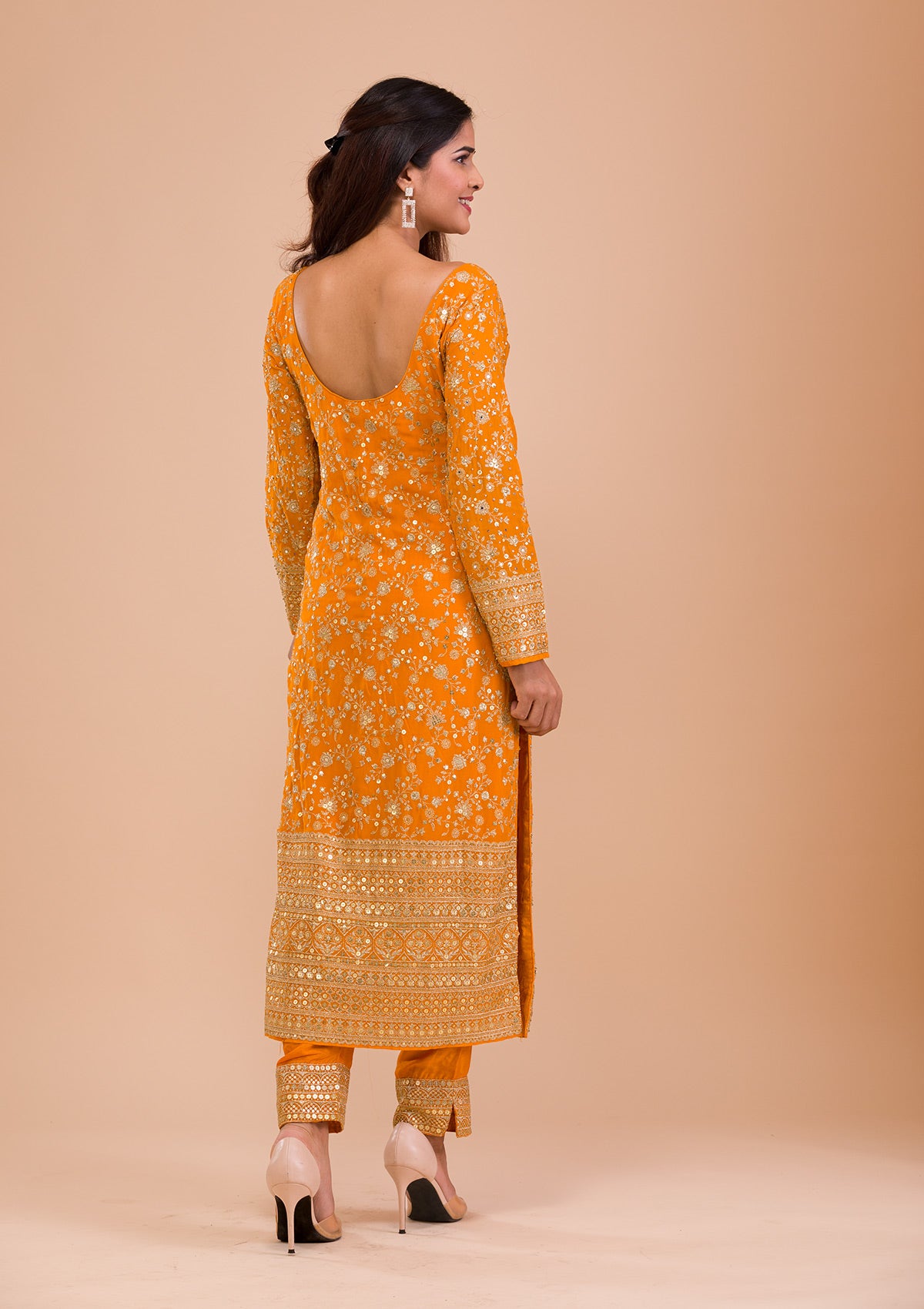 Mustard Sequins Georgette Readymade Salwar Kameez-Koskii