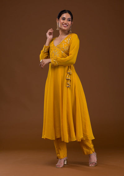 Mustard Sequins Georgette Readymade Salwar Suit-Koskii