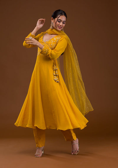 Mustard Sequins Georgette Readymade Salwar Suit-Koskii