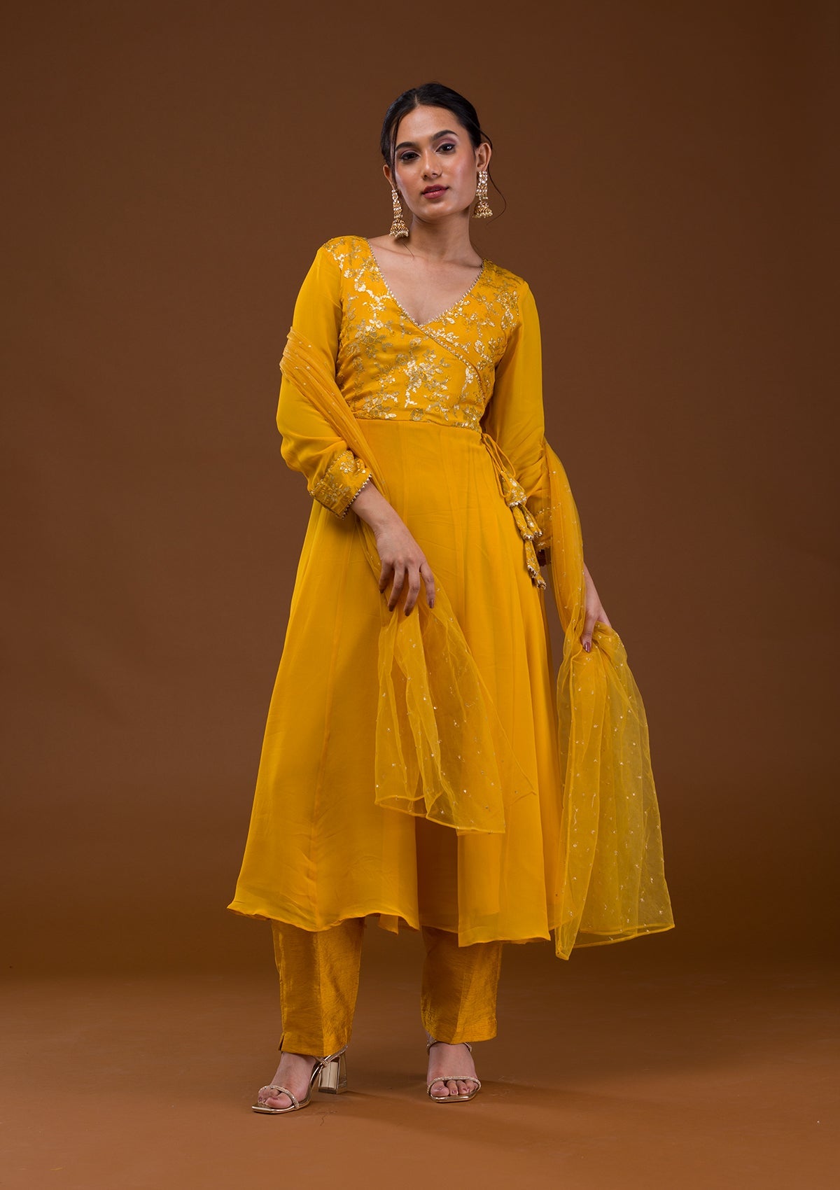 Mustard Sequins Georgette Readymade Salwar Suit-Koskii