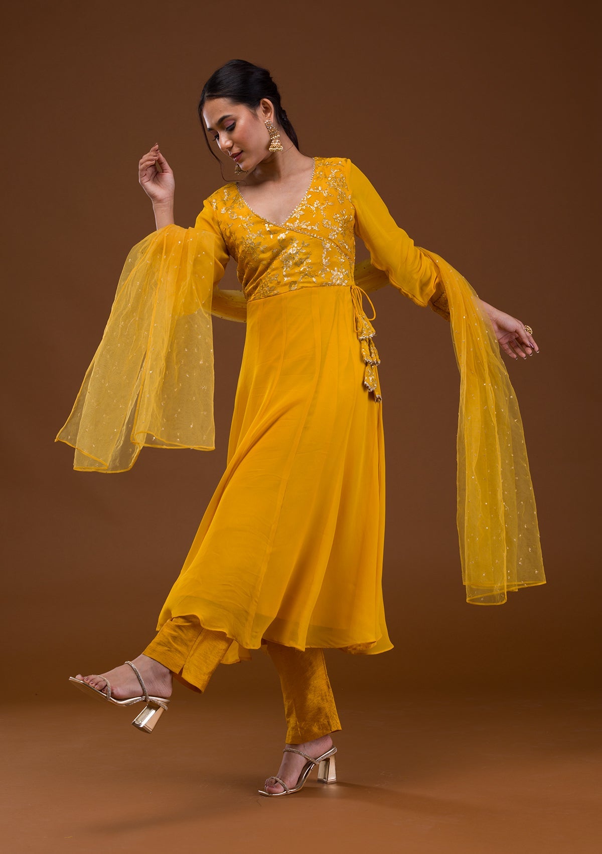 Mustard Sequins Georgette Readymade Salwar Suit-Koskii