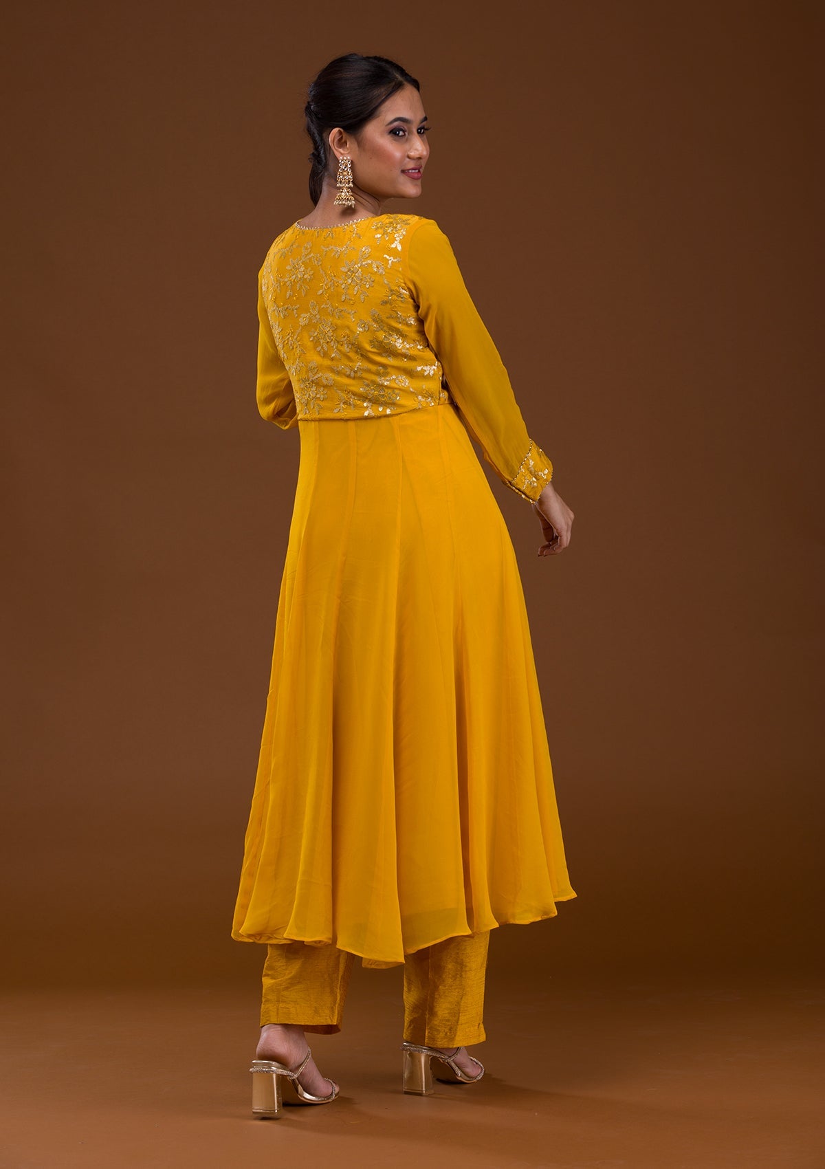 Mustard Sequins Georgette Readymade Salwar Suit-Koskii