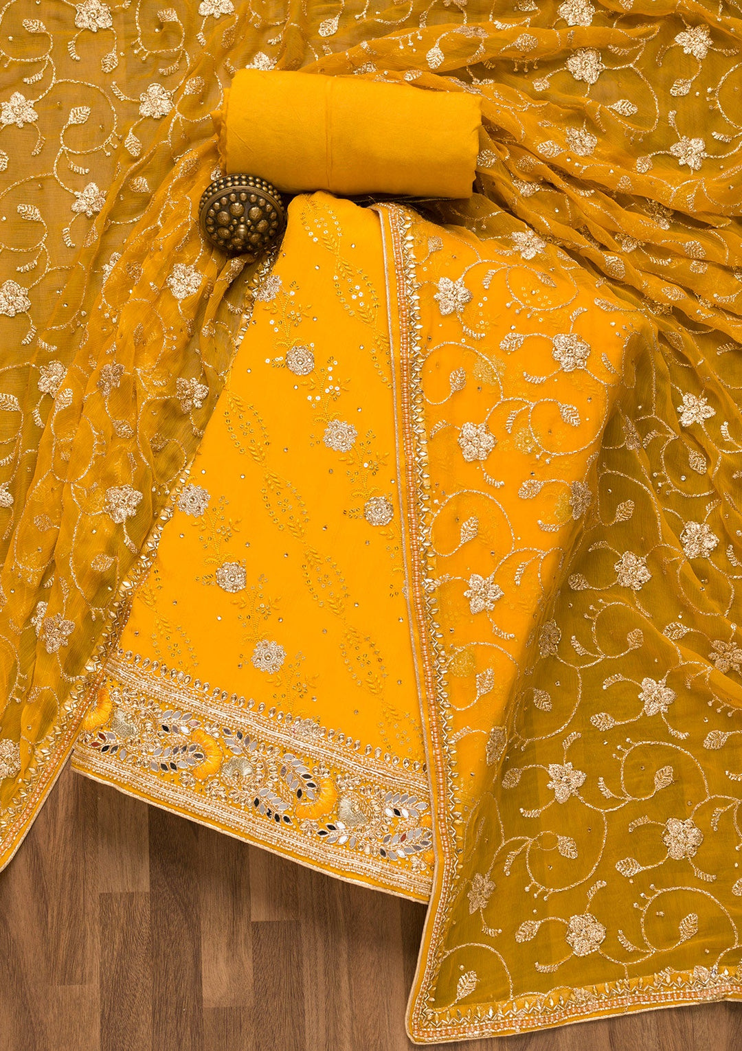 Mustard Sequins Georgette Unstitched Salwar Suit-Koskii