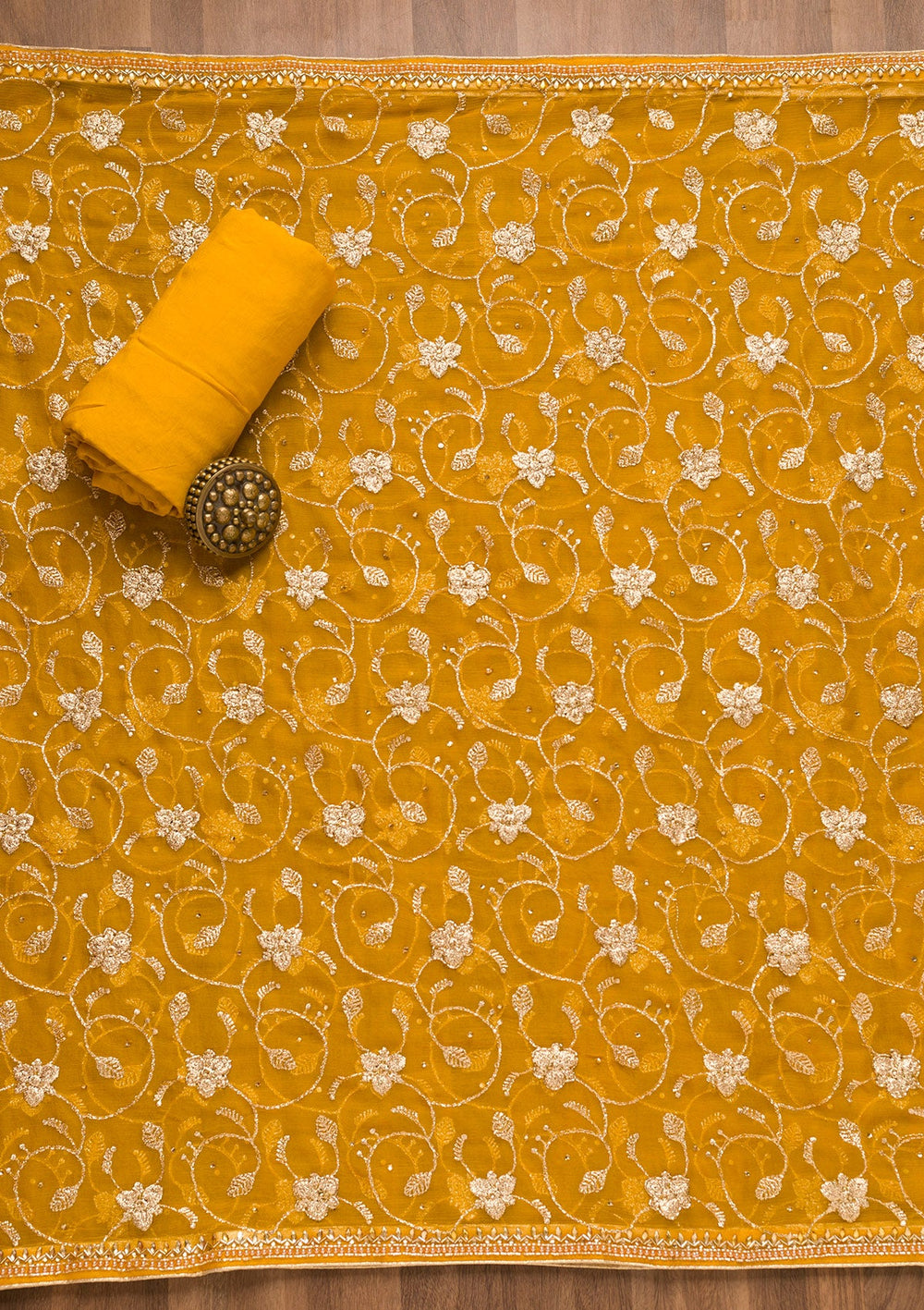 Mustard Sequins Georgette Unstitched Salwar Suit-Koskii