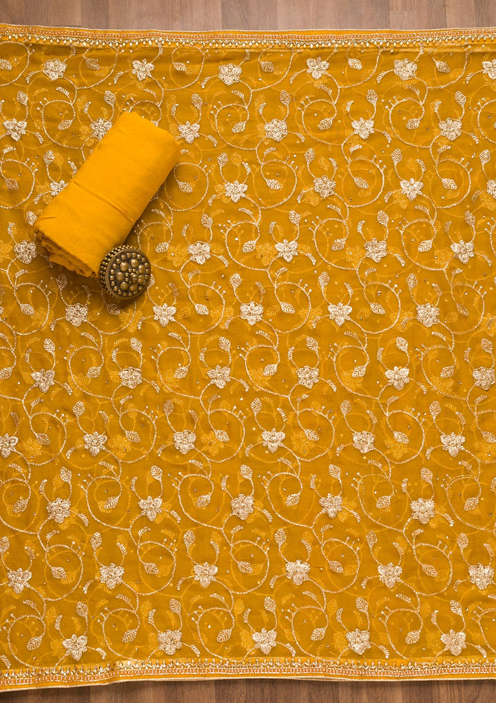 Mustard Sequins Georgette Unstitched Salwar Suit-Koskii