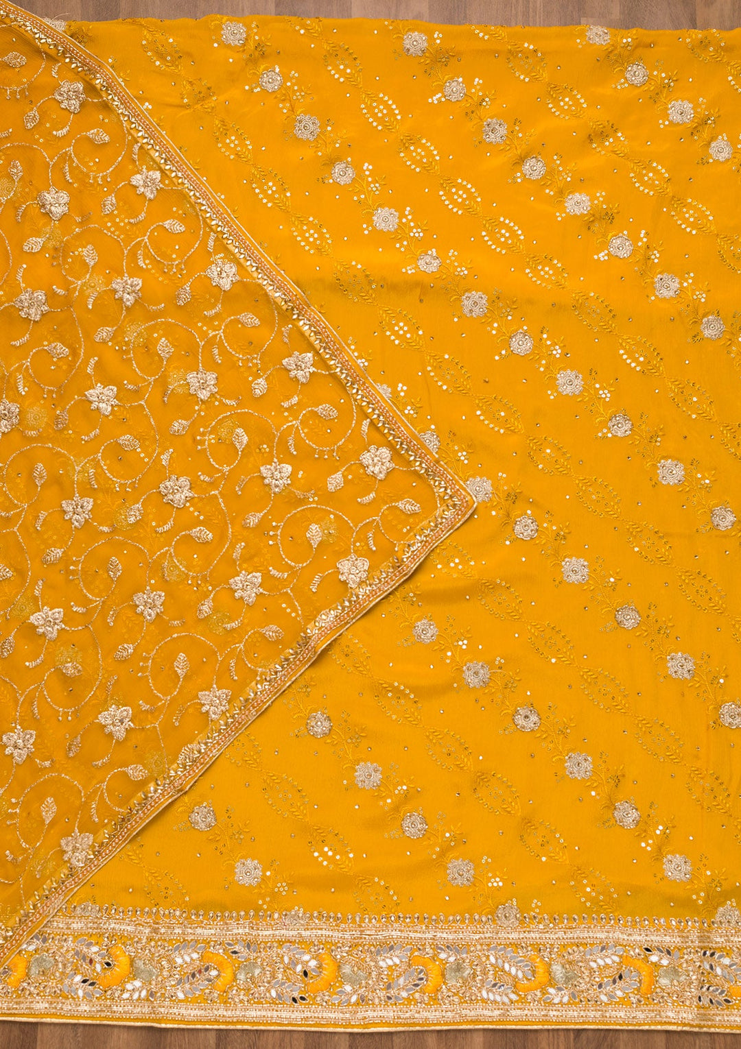 Mustard Sequins Georgette Unstitched Salwar Suit-Koskii