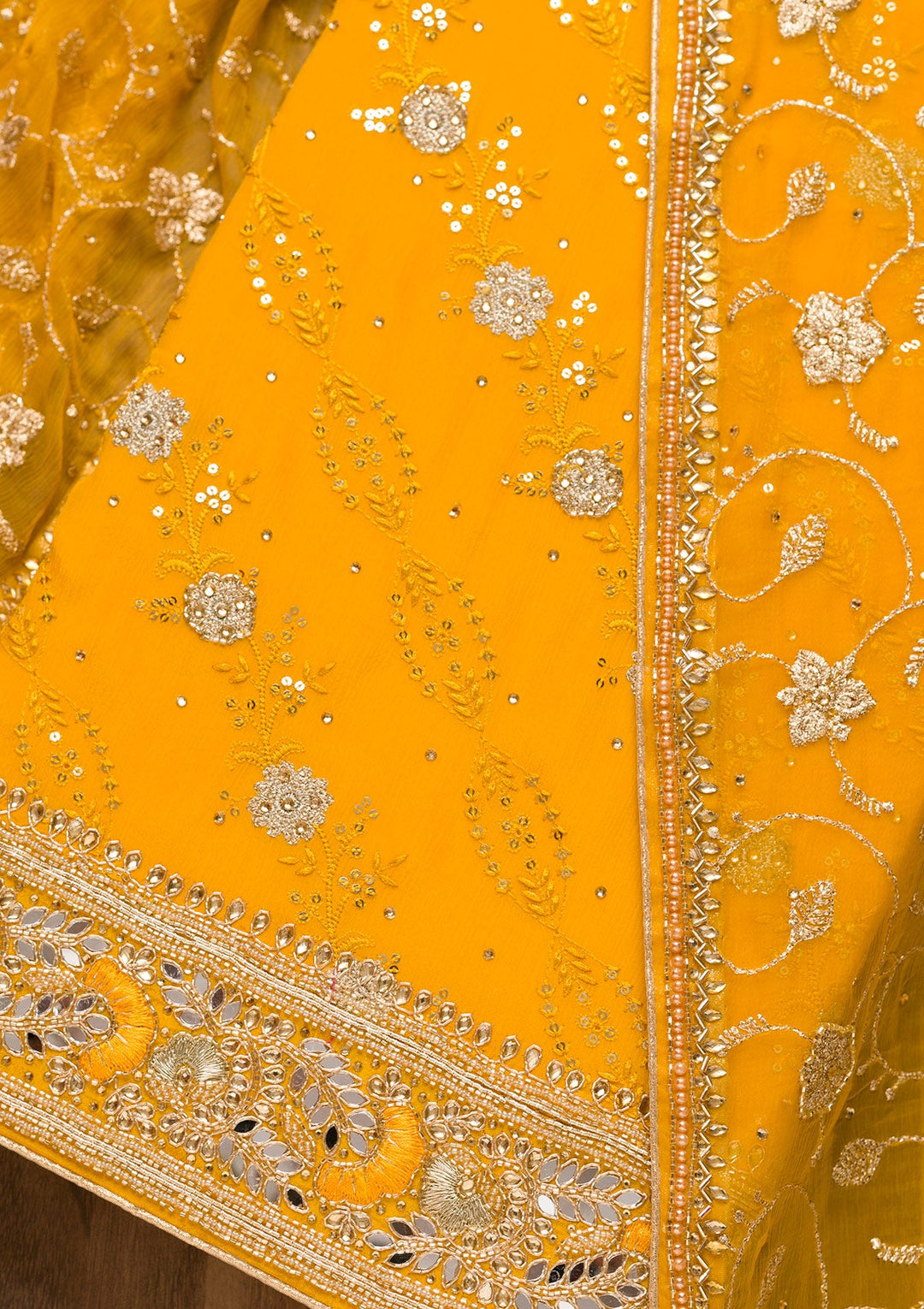 Mustard Sequins Georgette Unstitched Salwar Suit-Koskii