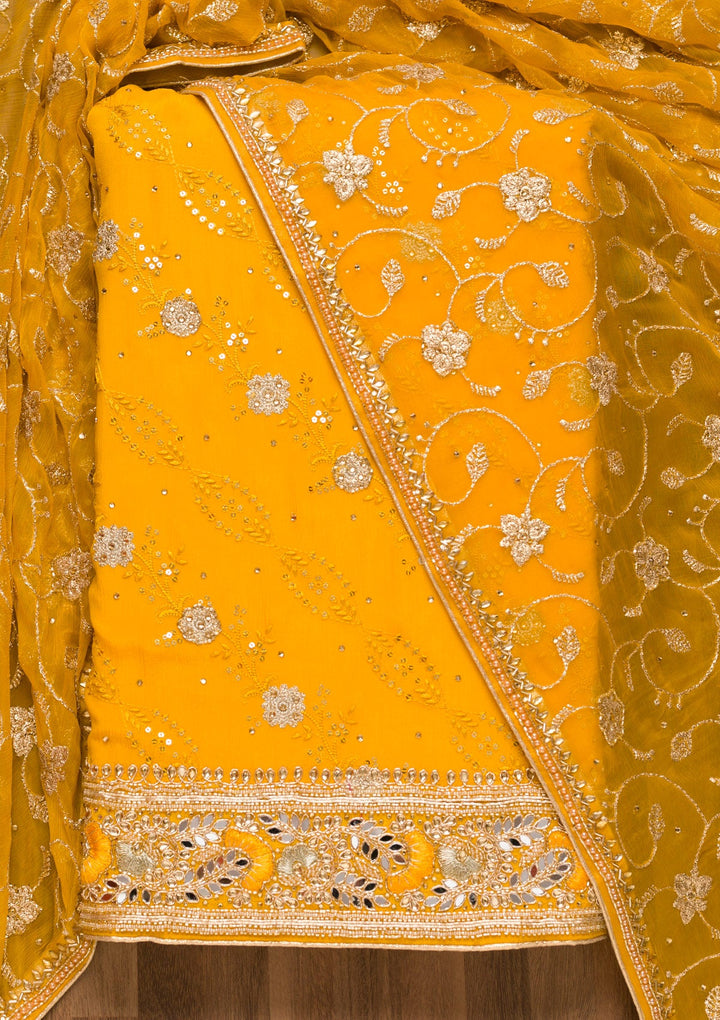 Mustard Sequins Georgette Unstitched Salwar Suit-Koskii