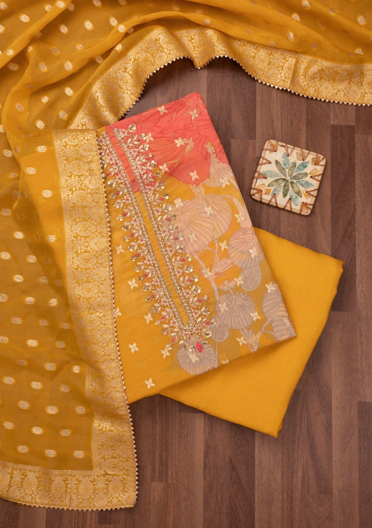 Mustard Sequins Georgette Unstitched Salwar Suit-Koskii