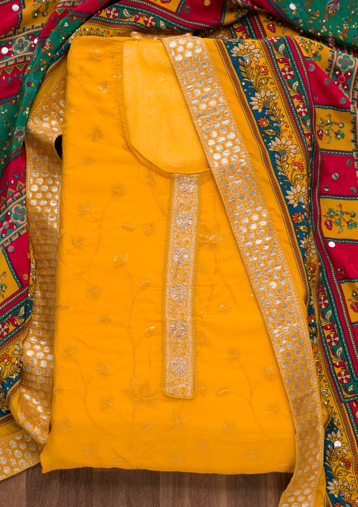 Mustard Sequins Tissue Unstitched Salwar Suit-Koskii