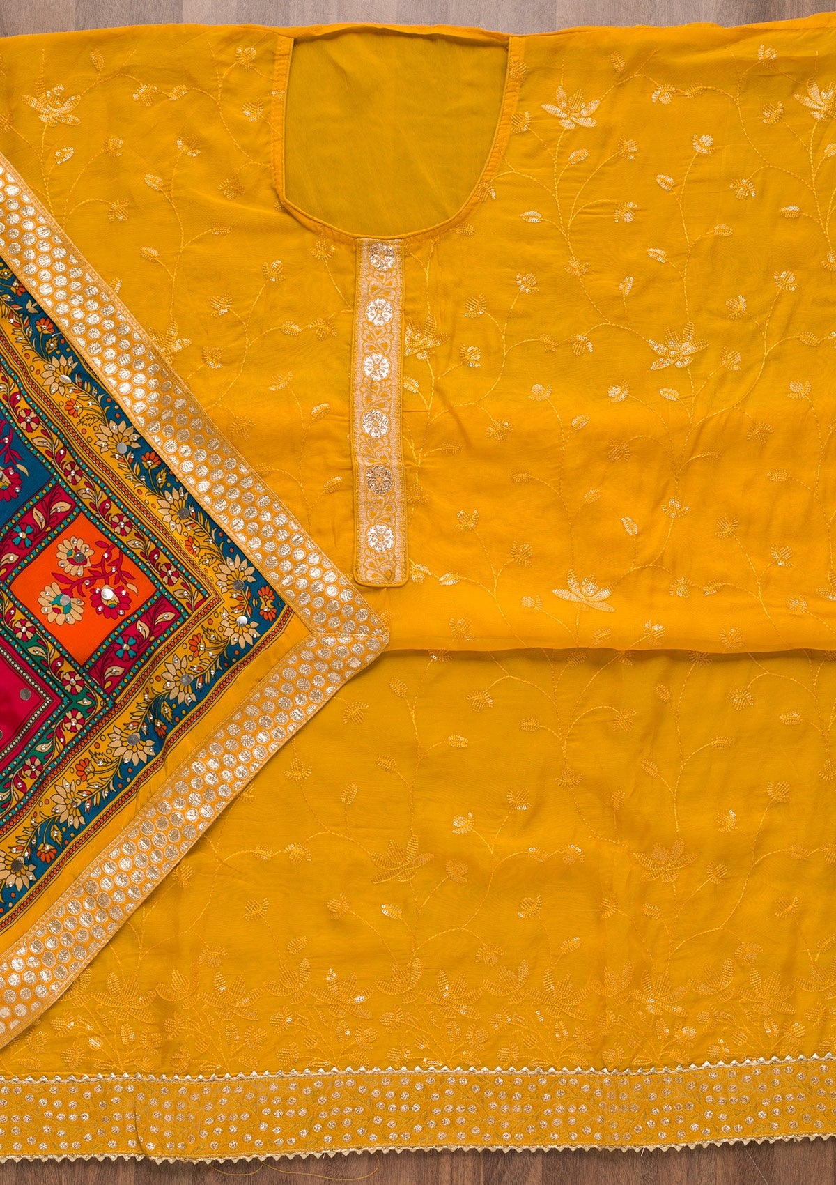 Mustard Sequins Tissue Unstitched Salwar Suit-Koskii
