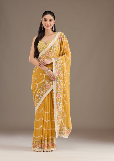 Mustard Sequins Tissue Saree-Koskii