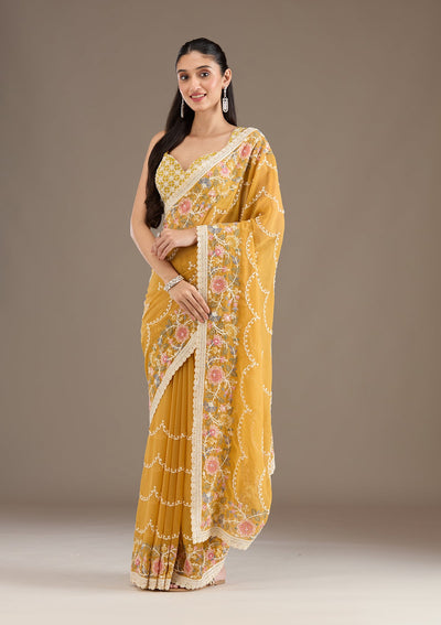 Mustard Sequins Tissue Saree-Koskii