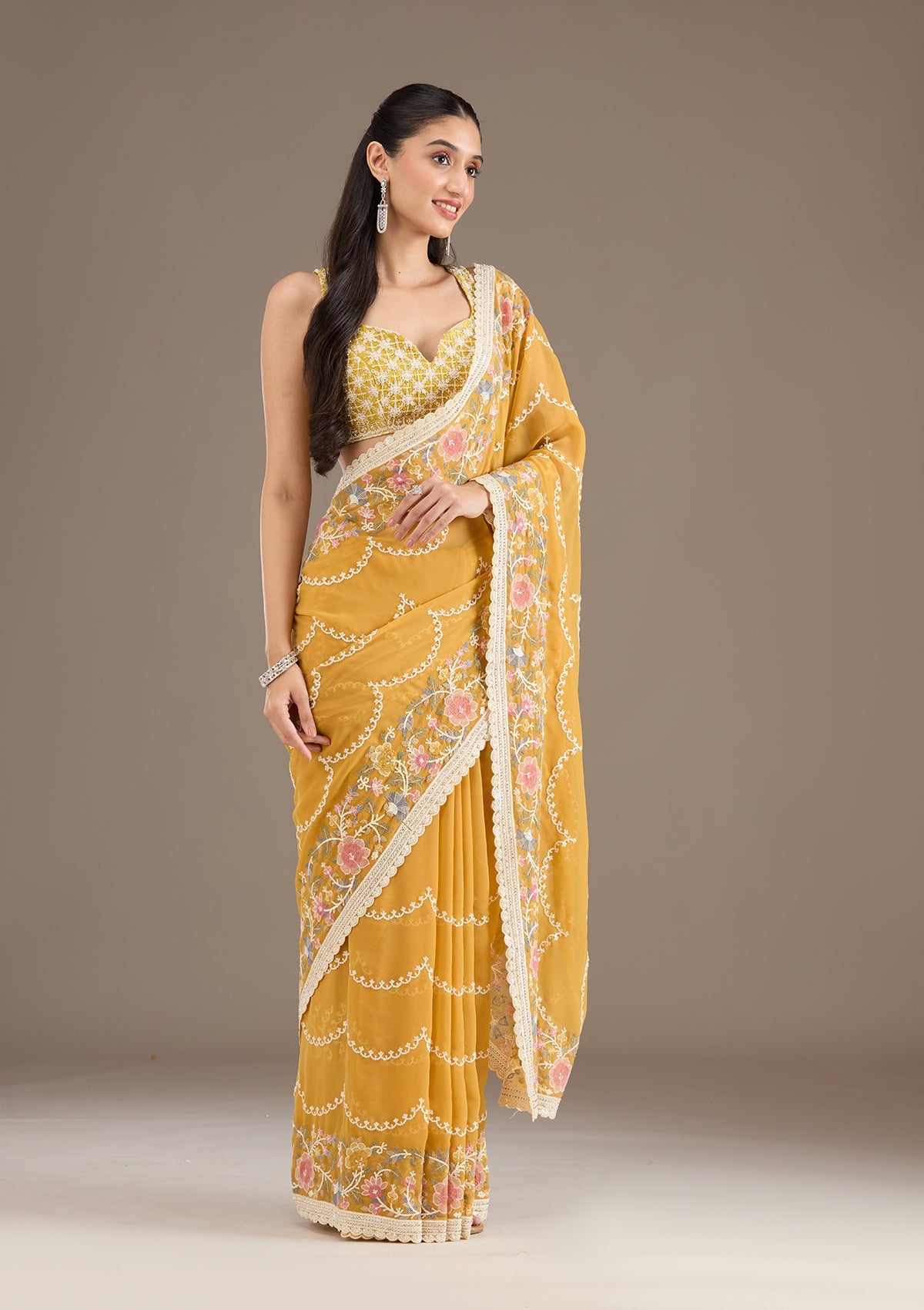 Mustard Sequins Tissue Saree-Koskii