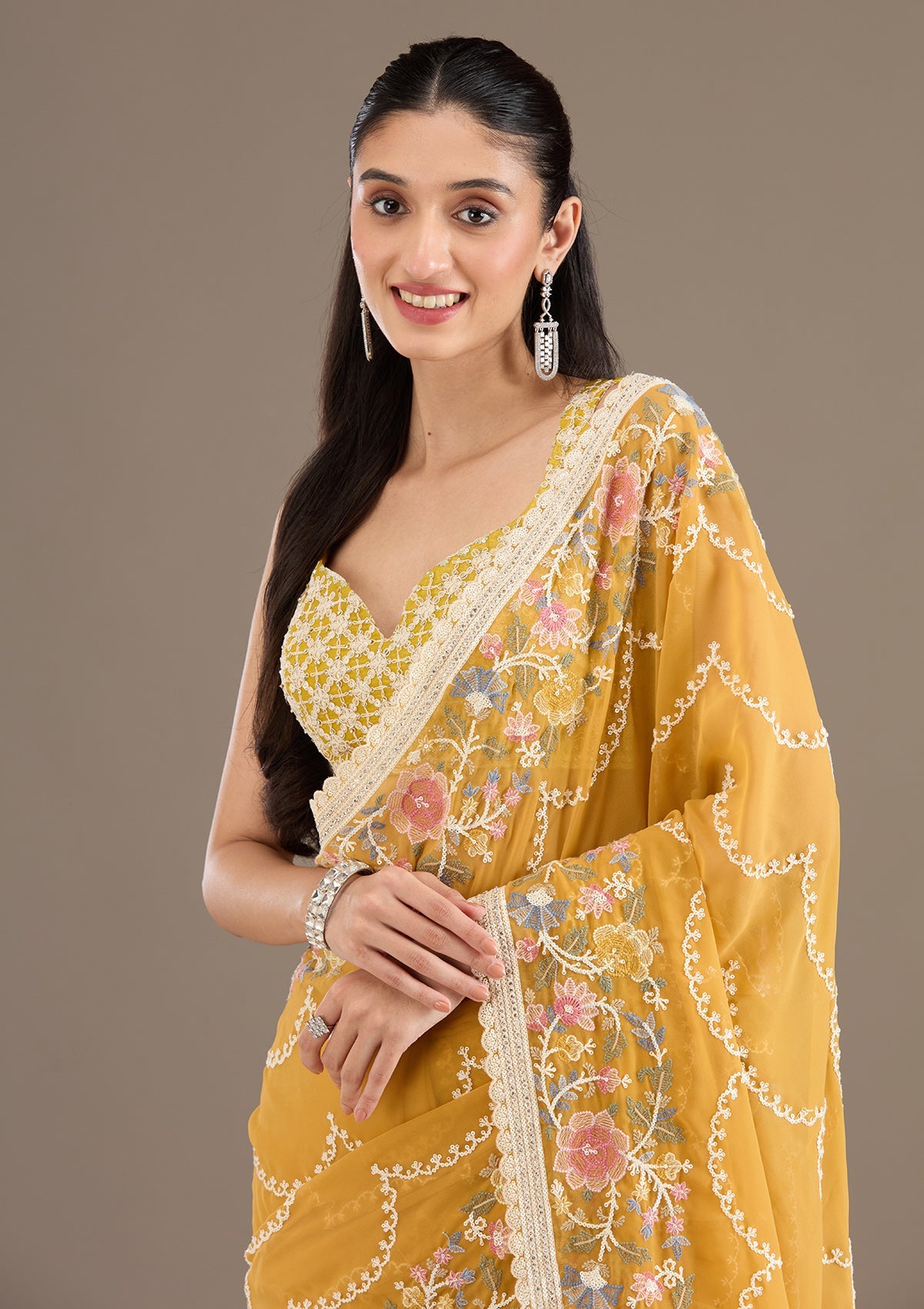 Mustard Sequins Tissue Saree-Koskii