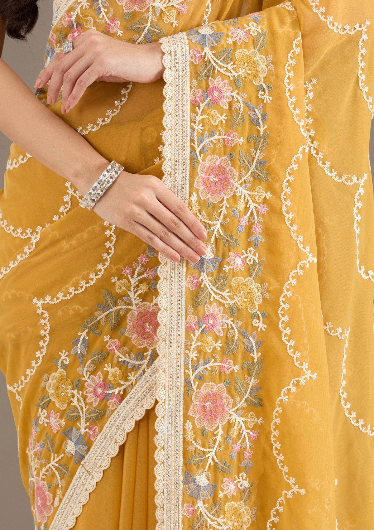 Mustard Sequins Tissue Saree-Koskii