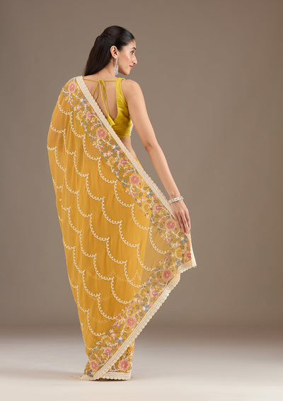 Mustard Sequins Tissue Saree-Koskii