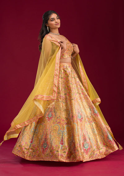 Mustard Silver Zariwork Banarasi Readymade Lehenga-Koskii