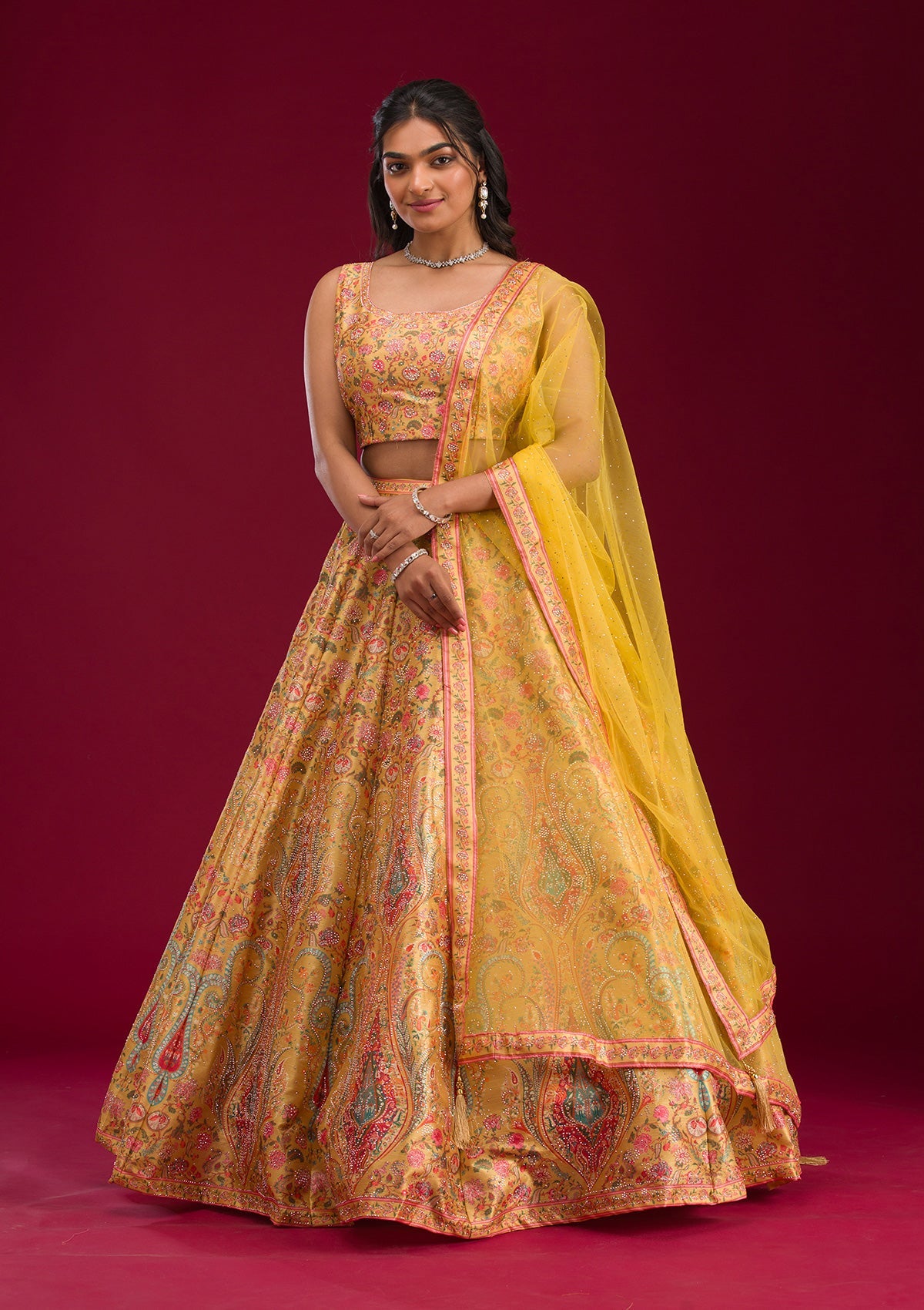 Mustard Silver Zariwork Banarasi Readymade Lehenga