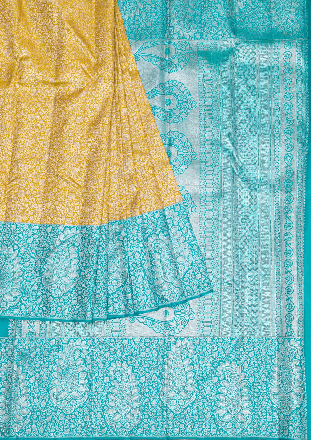 Mustard Silver Zariwork Pure Silk Saree-Koskii