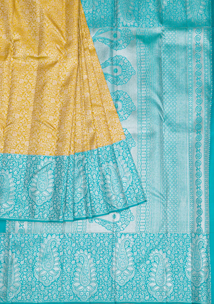 Mustard Silver Zariwork Pure Silk Saree-Koskii