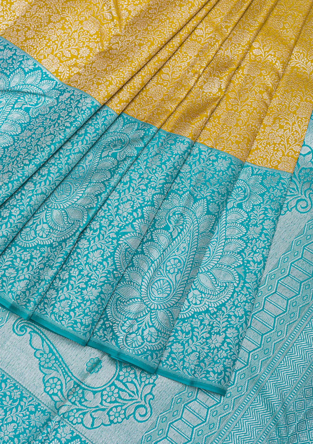 Mustard Silver Zariwork Pure Silk Saree-Koskii