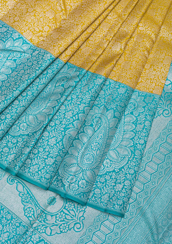 Mustard Silver Zariwork Pure Silk Saree-Koskii
