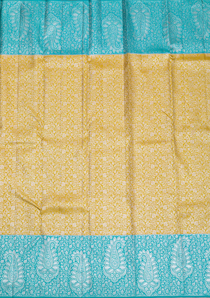 Mustard Silver Zariwork Pure Silk Saree-Koskii