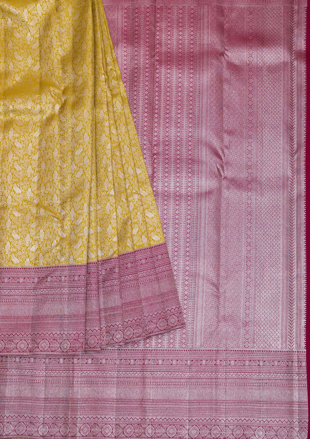 Mustard Silver Zariwork Pure Silk Saree-Koskii
