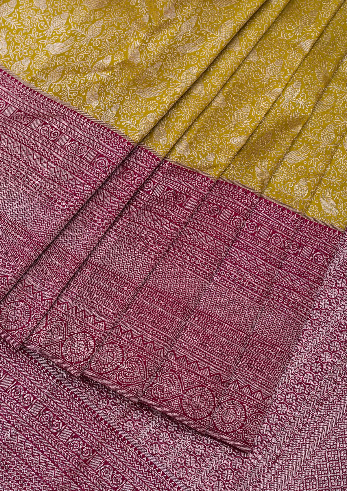 Mustard Silver Zariwork Pure Silk Saree-Koskii