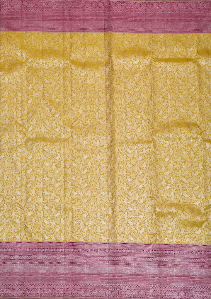 Mustard Silver Zariwork Pure Silk Saree-Koskii