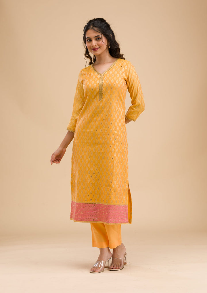 Mustard Stonework Banarasi Readymade Salwar Kameez-Koskii