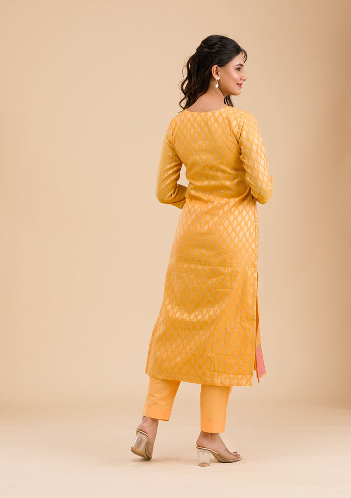 Mustard Stonework Banarasi Readymade Salwar Kameez-Koskii
