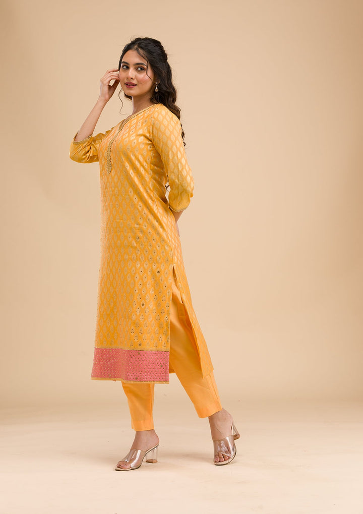 Mustard Stonework Banarasi Readymade Salwar Kameez-Koskii