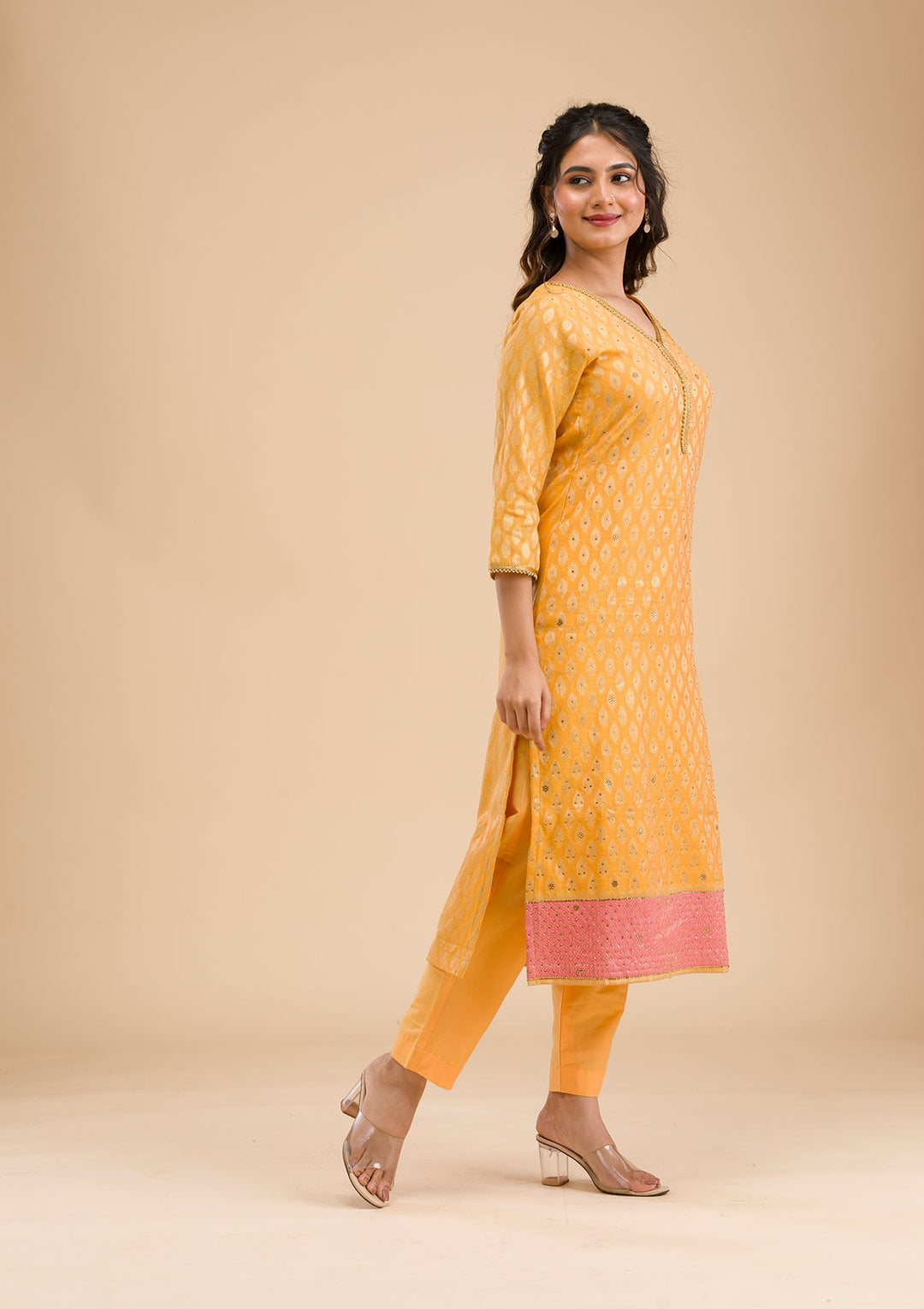 Mustard Stonework Banarasi Readymade Salwar Kameez-Koskii