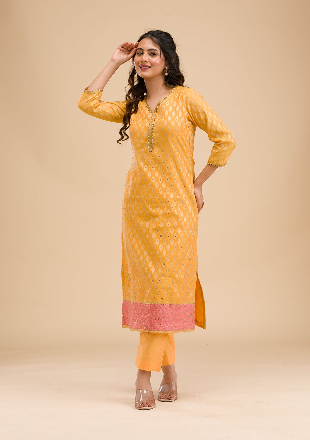 Mustard Stonework Banarasi Readymade Salwar Kameez-Koskii