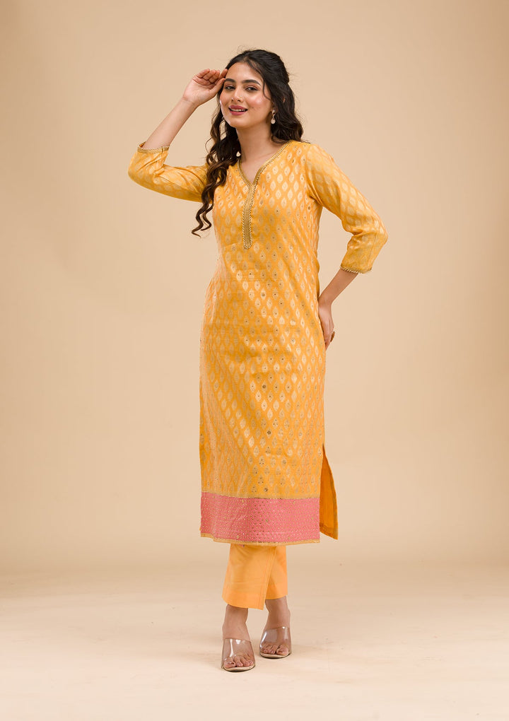 Mustard Stonework Banarasi Readymade Salwar Kameez-Koskii