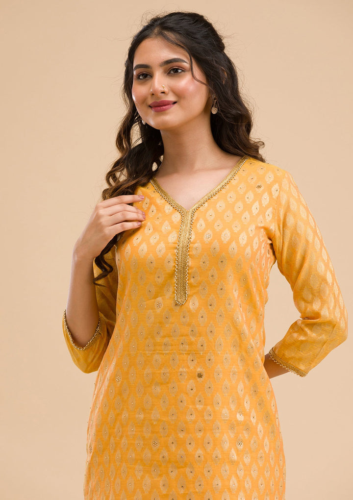 Mustard Stonework Banarasi Readymade Salwar Kameez-Koskii