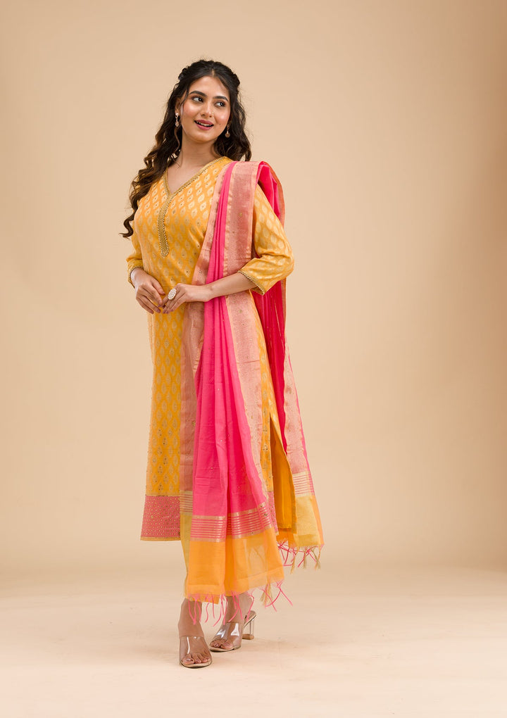 Mustard Stonework Banarasi Readymade Salwar Kameez-Koskii