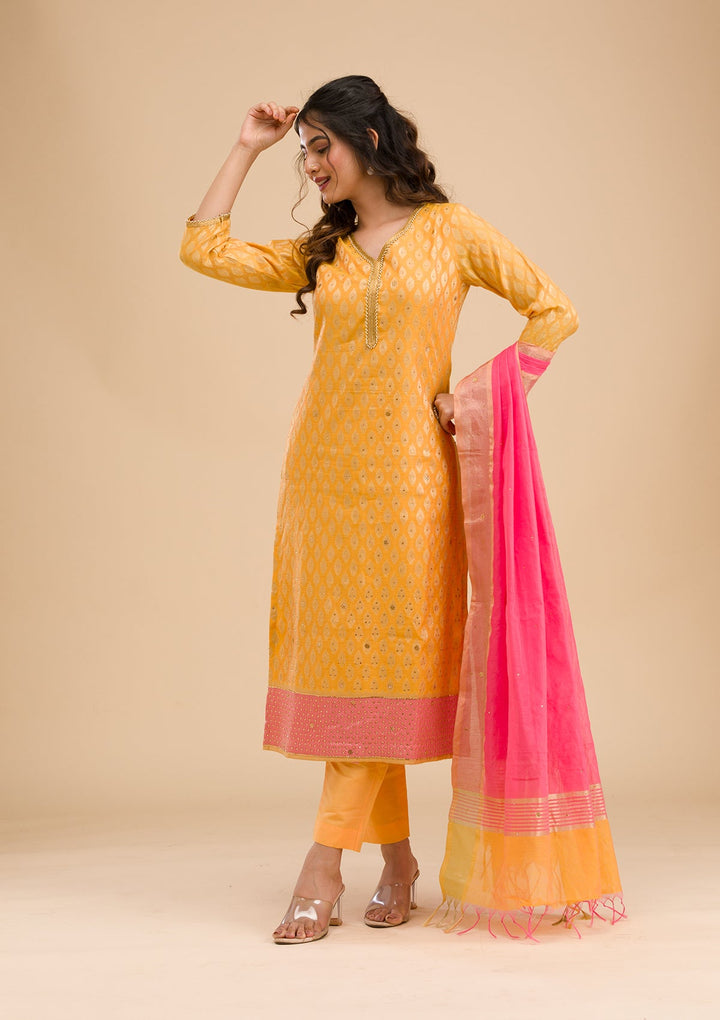 Mustard Stonework Banarasi Readymade Salwar Kameez-Koskii